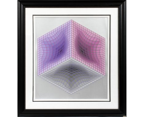 VICTOR VASARELY, COLOR SERIGRAPH, H 32" X 27",  "TRIDOS": Pencil signed. Framed and matted  under glass.120/300. 