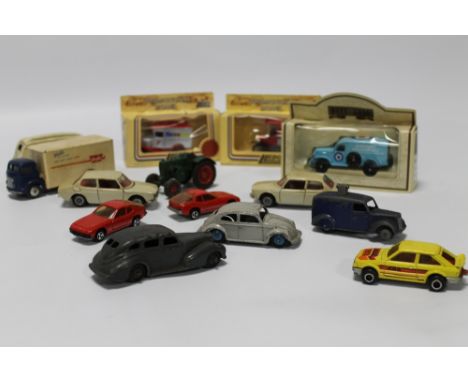 A SMALL COLLECTION OF PLAYWORN DIECAST AND PLASTIC VEHICLES BY DINKY, CORGI, TEKNO AND MARKLIN ETC.together with a quantity o