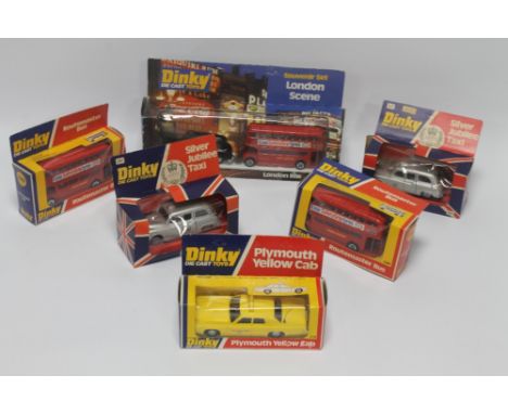 SIX BOXED DINKY DIECAST VEHICLES to include 300 London Scene, 241 Silver Jubilee Taxi (x 2), 289 Routemaster Bus (x 2) and 27