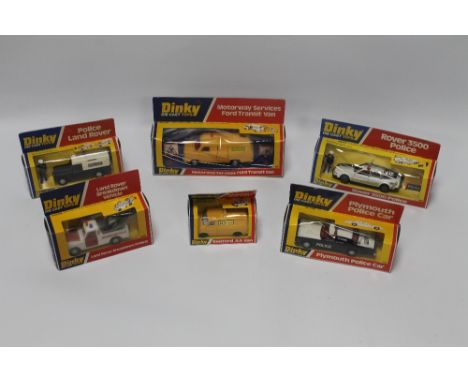 SIX BOXED DINKY DIECAST VEHICLES, to include 244 Plymouth Police Car, 264 Rover 3500 Police, 277 Police Land Rover, 412 Motor