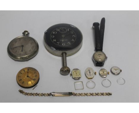 A COLLECTION OF POCKET/WRIST WATCHES AND MOVEMENTS ETC. to include a Waltham dashboard clock