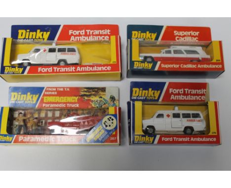 FOUR BOXED DINKY DIECAST VEHICLES, to include 267 Paramedic Truck, 274 Ford Transit Ambulance, 276 Ford Transit Ambulance and