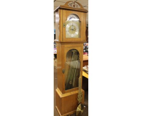 A 20TH CENTURY OAK CASED LONGCASE CLOCK, West German made, cable driven moon phase movement, striking on bells, lyre type pen