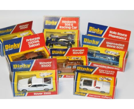 EIGHT BOXED DINKY DIECAST VEHICLES to include 180 Rover 3500 (x 2), 192 Range Rover, 128 Mercedes Benz 600, 124 Rolls Royce P