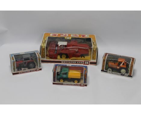 FOUR BOXED BRITAINS 1:32 SCALE FARM VEHICLES, to include 9570 Combine Harvester, 9522 Massey Ferguson Tractor, 9528 Fiat Trac