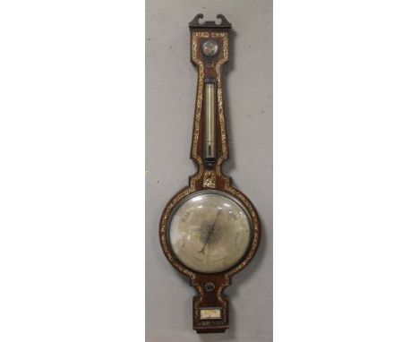 LOCAL INTEREST, A 19TH CENTURY MOTHER OF PEARL INLAID MAHOGANY BANJO BAROMETER, Silvered dial & thermometer marked to level "
