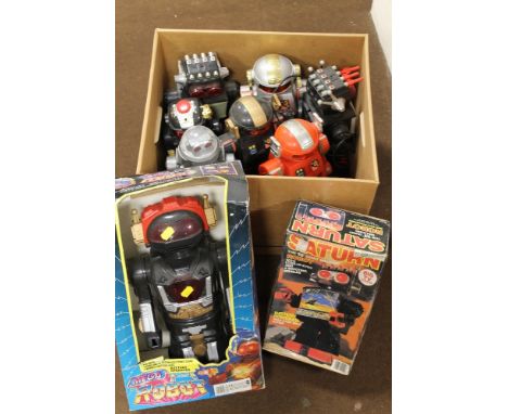 A BOXED KEES PLASTIC BATTERY OPERATED "MEGA ROBOT", a boxed "Saturn 13" Giant Walking Robot, together with seven other loose 