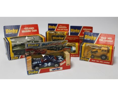 SIX BOXED DINKY DIECAST VEHICLES to include 654 155 mm mobile gun, 189 Lamborghini Marzal, 404 Climax Conveyancer fork lift t