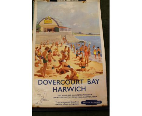 A BRITISH RAILWAYS POSTER 'DOVERCOURT BAY, HARWICH', depicting a beach scene with children playing, printed by Fleming & Hump