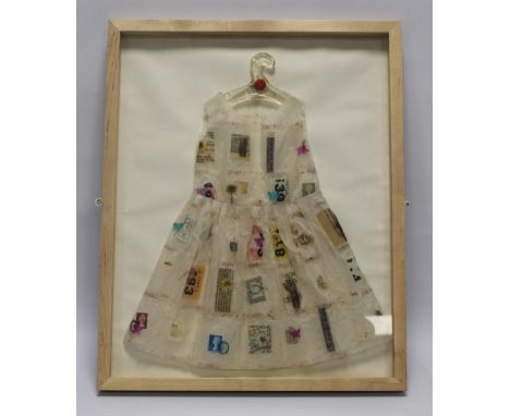 JENNIFER COLLIER - A FRAMED MIXED MEDIA COLLAGE ENTITLED 'TEABAG DRESS', a 3D dress made from tea bags, labels, stamps etc.  