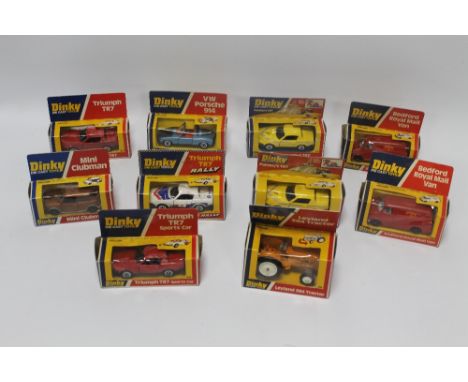 TEN BOXED DINKY DIECAST VEHICLES, to include 211 Triumph TR7, 178 Mini Clubman, 112 Purdey's TR7, 410 Bedford Royal Mail Van 