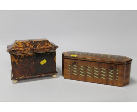 A 19TH CENTURY TORTOISESHELL TWO DIVISION TEA CADDY with ivory feet and stringing along with an unusual inlaid box with geome