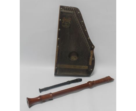 A LARGE WOODEN RECORDER, a smaller example and a table harp  (3)