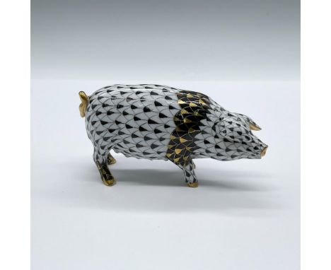 Hand painted figure of a white hog in the black and gilded Fishnet pattern. First Edition Herend backstamp. Issued: 21st cent