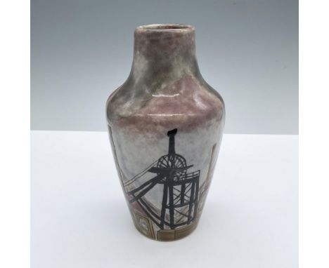 Small hand painted vase depicting Stoke on Trent industrial scene in the early 20th century. Cobridge Stoneware impressed sta
