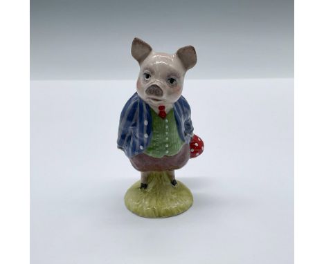 Hand decorated porcelain figure inspired by Beatrix Potter's 1913 children's book, The Tale of Pigling Bland. Blue striped co