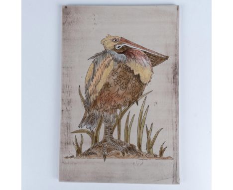 Rare 21st century hand painted plaque featuring a grotesque pelican. Attributed to the style of Martin Brothers grotesque bir