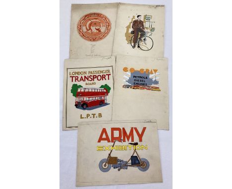 5 vintage pencil &amp; watercolour advertising sketches on artists paper by illustrator John Dunscombe. London Passenger Tran