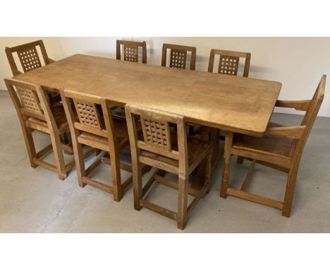 Robert Thompson - Classic Mouseman, 7'0" refectory table and 8 chairs, circa 1951. 6 chairs and 2 carvers with lattice back d