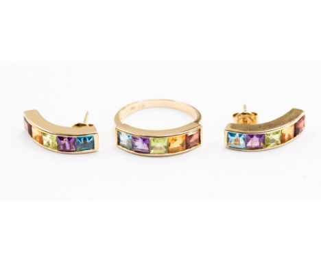 A 14ct gold multi coloured gem set ring and earring set, with channel set square garnets, blue topaz, amethyst, peridot and c