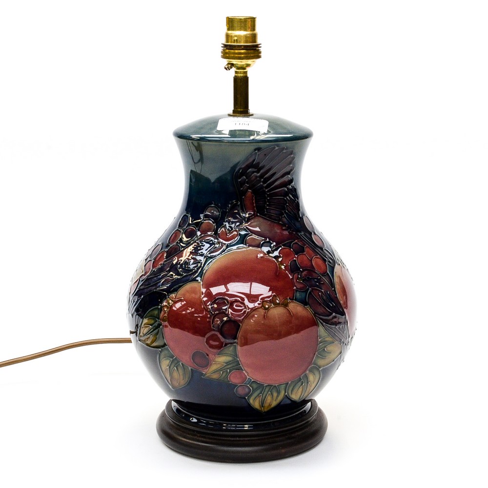 A modern Moorcroft Pomegranate lamp base, baluster form with birds
