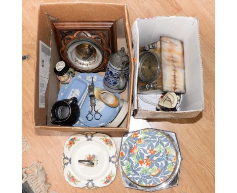 Four items of Wedgwood, Hornsea dish, two character jugs, Stein, candle snuffers, onyx clock, barometer, two cake stands, cak