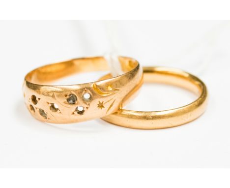 An 18ct gold wedding band, size K, approx weight  2.9 gms, together with a 15ct gold band ring, a/f, stone are missing, size 