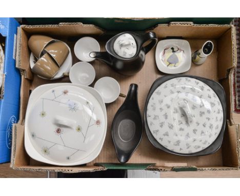  A box of Midwinter coffee wares, two serving dishes and covers, and two wade 'dancing ladies' pieces etc 