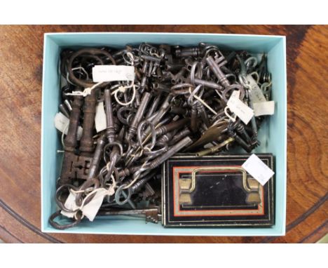 A large collection of vintage and antique keys, to include clock keys approx 286, as per list, to include small cash tin
