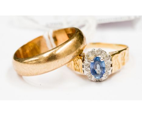 A 9ct wedding band, approximately 5 grams together with a 1970s cluster ring, with bark effect 18ct shank (2)
