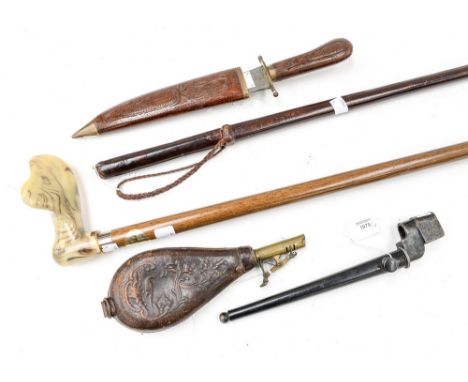 A leather embossed powder pouch with a sword stick in the form of a leather swagger stick, etc (5) 