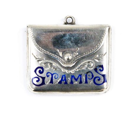 A George V silver stamp case, Birmingham 1912, the front inscribed stamps in blue enamel marks for C&N, 5.4 grams, the front 