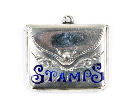 A George V silver stamp case, Birmingham 1912, the front inscribed stamps in blue enamel marks for C&N, 5.4 grams, the front 