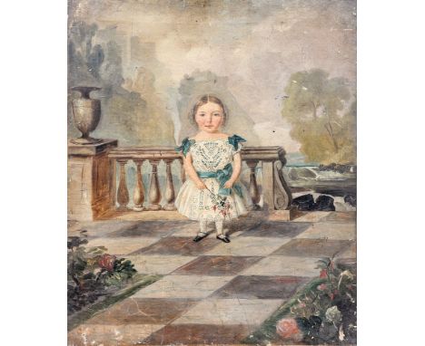  Walter Harrowing (English, 19th Century), portrait of a young girl, standing full length, in a white dress holding flowers, 