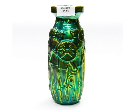 A Zsolnay bright iridescent green vase moulded in relief with workers, peinted mark to base (1)