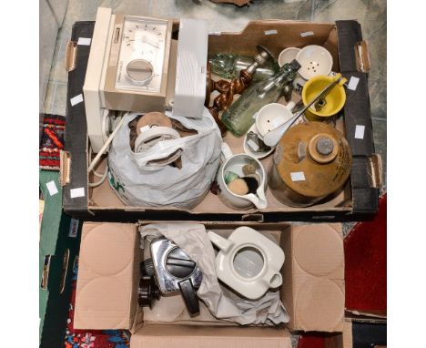 A parcel lot of vintage bottles, Studio (shelf pottery Halifax) pottery light shade candlesticks, pub memorabilia, shaving br