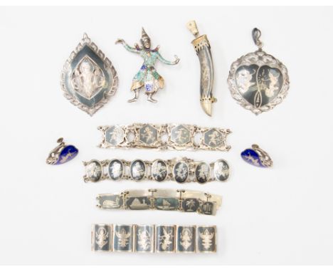 Siamese niello silver jewellery and an enamel and silver brooch, etc (q) 