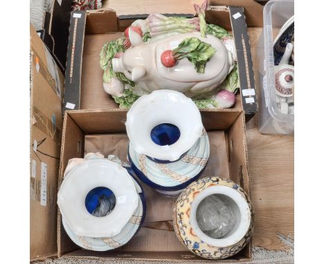 A pair of large Italian glass and porcelain vases together with a Chinese porcelain vase, blue and white meat plate and a pig