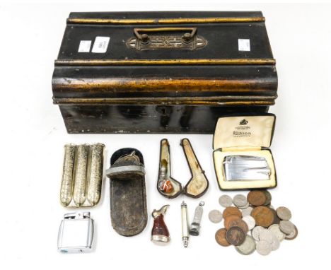 A collection of assorted smoking memorabilia including cigarette case, vesta case, lighter, pipe with carnelian terminal and 