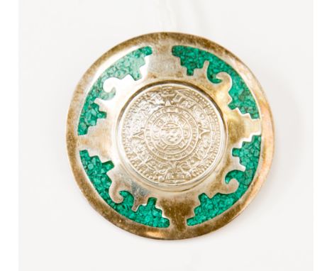 A Mexican silver target brooch, Mayan calendar within a ground turquoise champleve type border, marked TC-105, Mexico, 925, 4