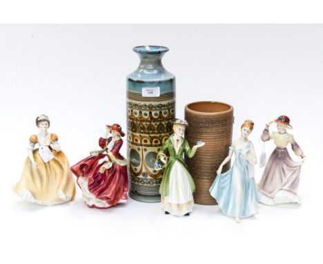 Royal Doulton figure 'Top 'O' the Hill' 1834 and four Francesca Art pottery figures 'Velia' 'Eliza' 'Eugine' and 'Jessica' to