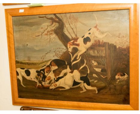 A pair of naive school hunting scenes, oil on board, in maple frames (2)