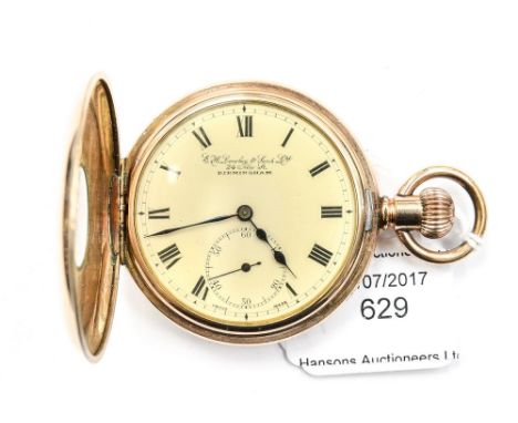 A gold plated half hunter pocket watch, E.H. Lawley and Sons Ltd, 24 New Street, Birmingham, cream enamel dial and subsidiary
