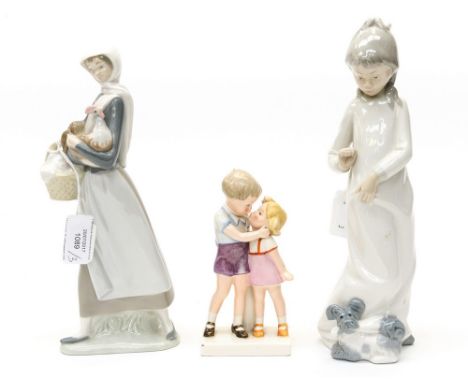 A Lladro figurine of a girl carrying a rooster, a Nao figure of girl with dog and a Hummel/Goebel figure group (3)