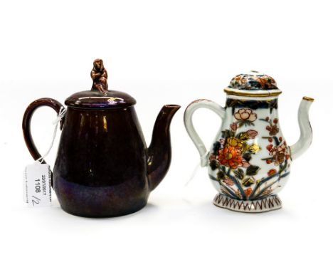 A Staffordshire brown lustre glaze teapot, pear form with mourning woman finial, together with a Japanese Imari miniature cof