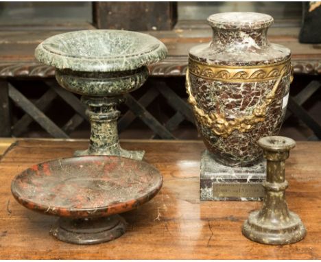 A collection of hard stone including pedestal bowl, tazza, candlestick and ormolu mounted vase section (4) 