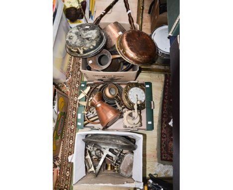 Galvenised bucket, copper jugs, copper kettle, brass plane models, brass coffee grinder, two warming pans, weighing scales, w