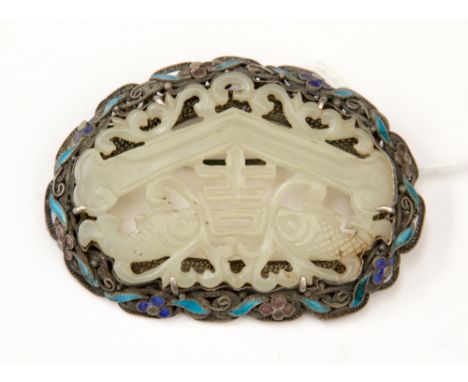 A Chinese Jade plaque in silver and enamel 