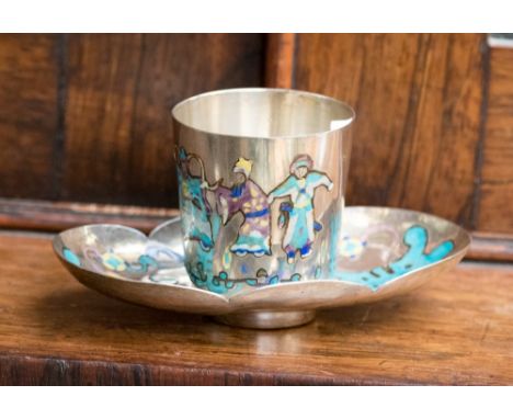 A Chinese silver tea cup and saucer, both hand enamelled, gross weight approx 230.6 grams / 7.41 ozt (2)