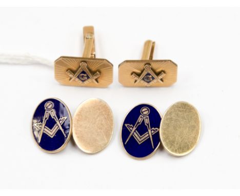 Masonic interest, a pair of 9ct gold and enamel cufflinks with masonic emblem, approx 11.1gms gross, together with another se